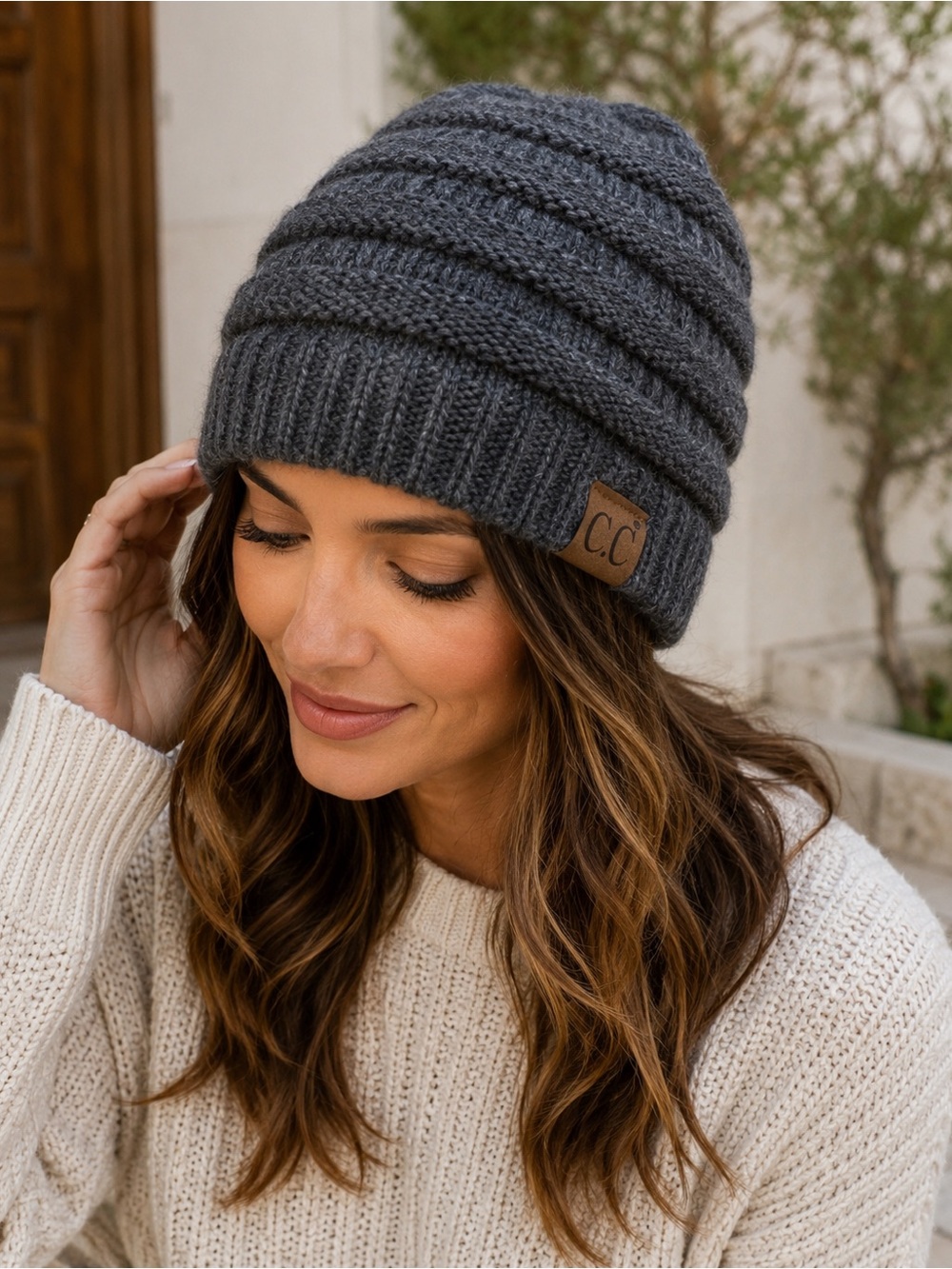 C.C. Heather Charcoal Recycled Yarn Rib Knit Beanie NWT